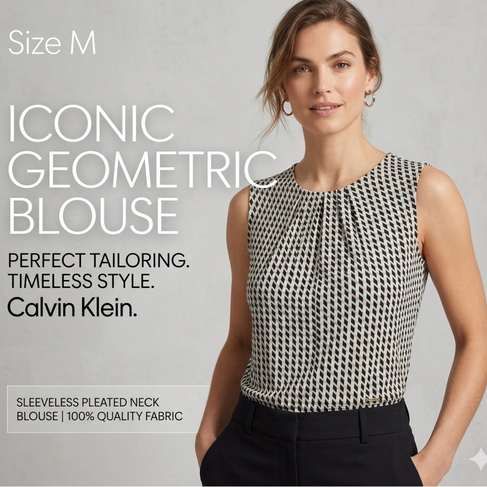 "Calvin Klein Geometric Pleated Neck Sleeveless Blouse Size M".
